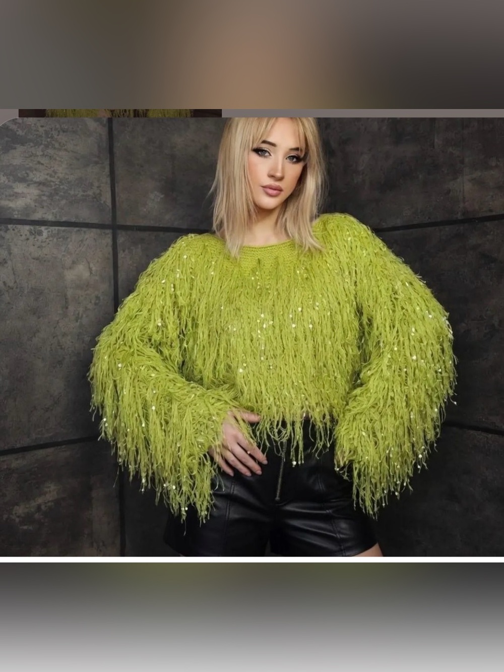 Lime Fringe Sequin Crew Neck Sweater